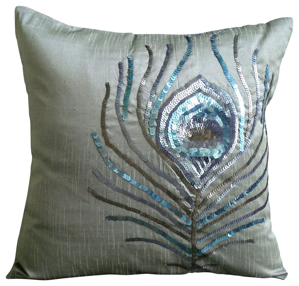 Sequins Peacock Feather Silver Art Silk Pillow Covers 14"x14", Peacock Feather