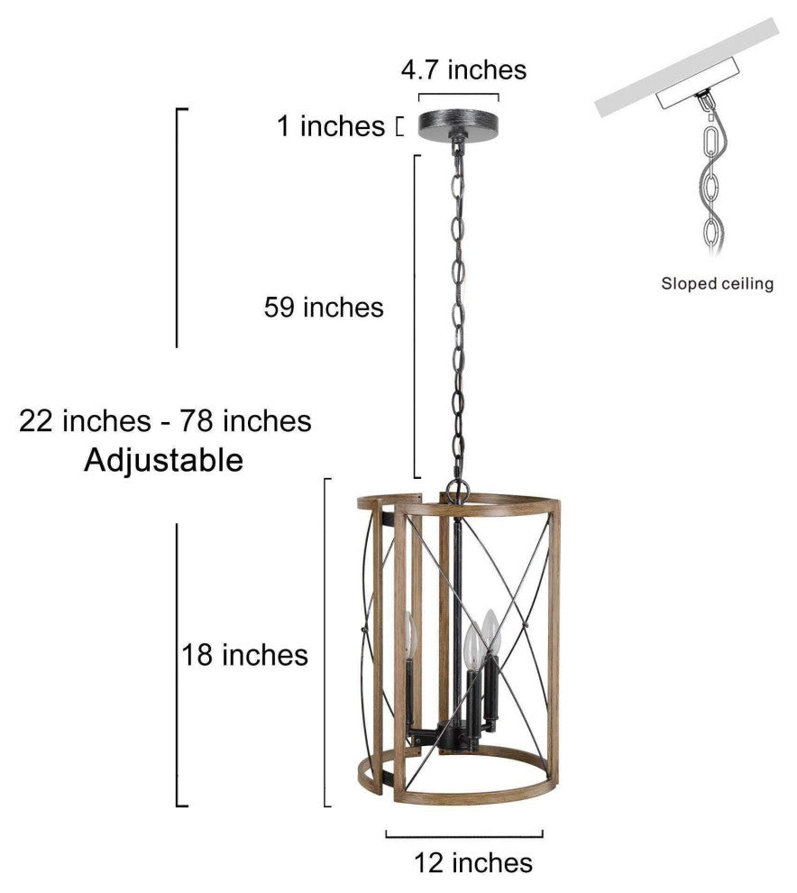 4-Lights Matte Black and Wood Tone Farmhouse Chandelier For Chateau