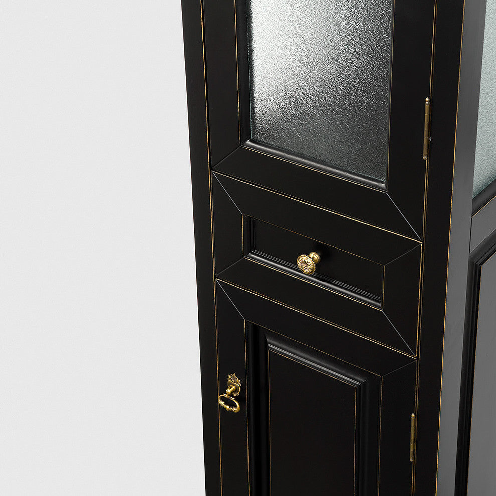 andover Bathroom Linen Tower With Cabinet Storage in Black