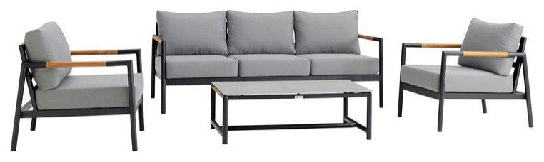 Crown 4-Piece Black Aluminum and Teak Outdoor Seating Set