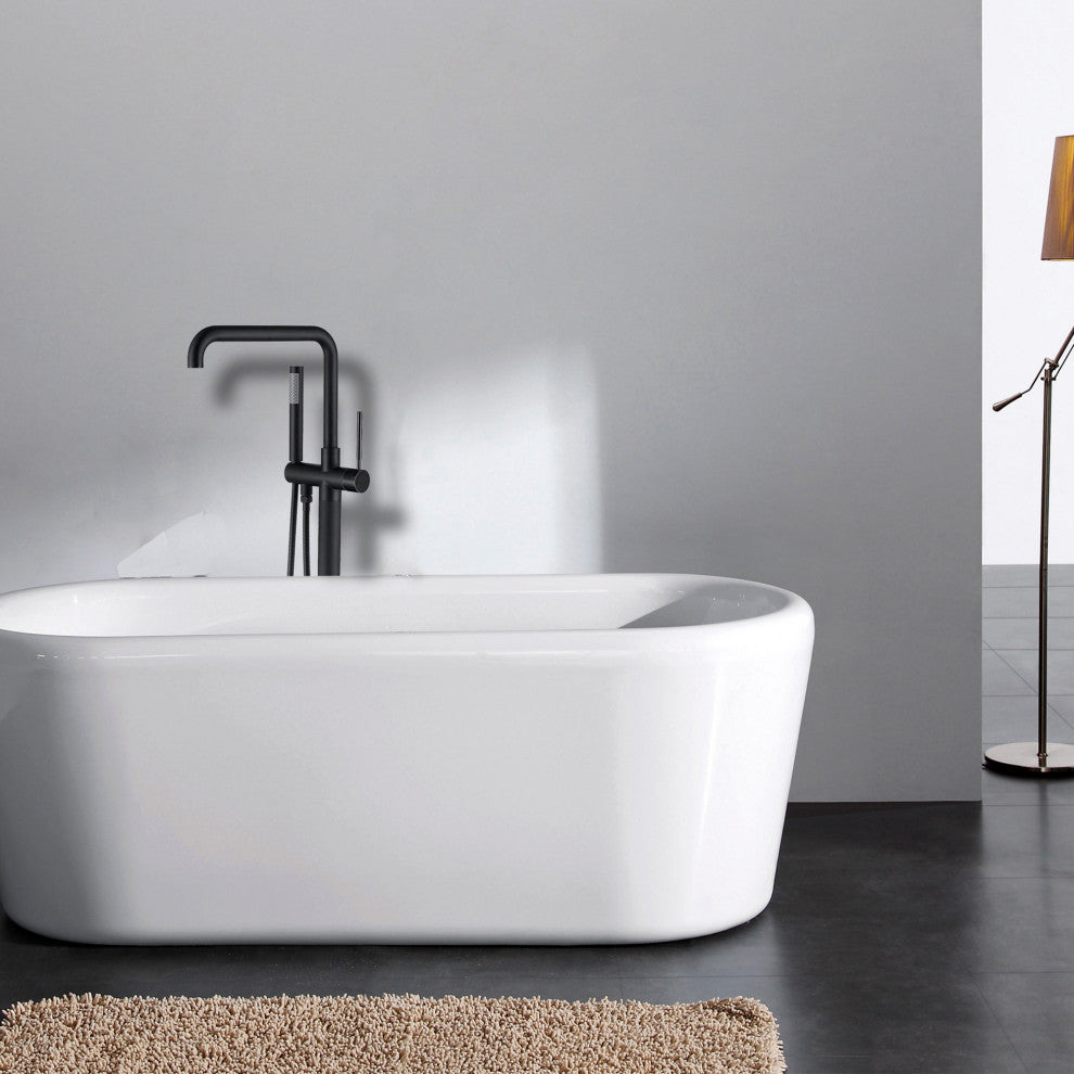 Floor Mounted Single Handle Bathtub Faucet, Handheld Shower, Matt Black