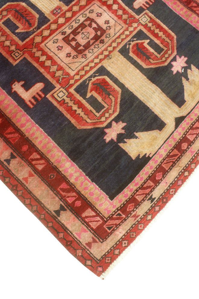Fine Vintage Distressed Beheshta Navy/Burgundy Runner, 4'0x9'4