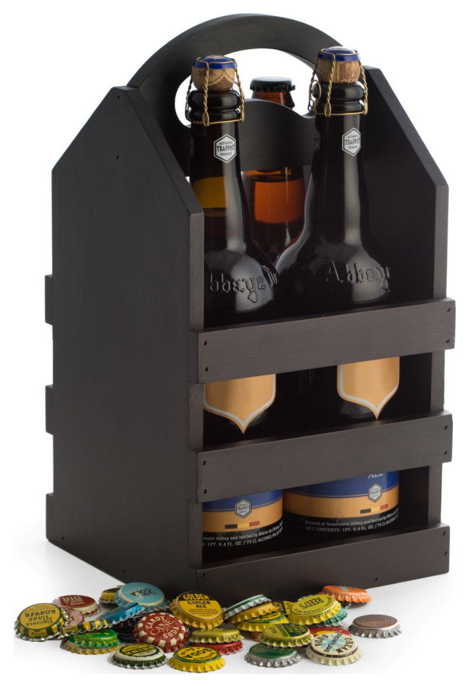 Black Solid Wood 4 Bottle Caddy, Ergonomic Curved Built, Handle