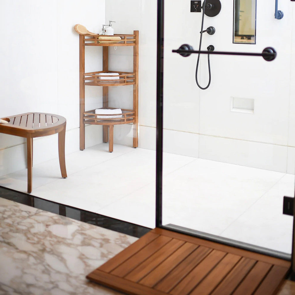 Dussi Teak Wood Freestanding 3 Tier Corner Bathroom Storage Shelf