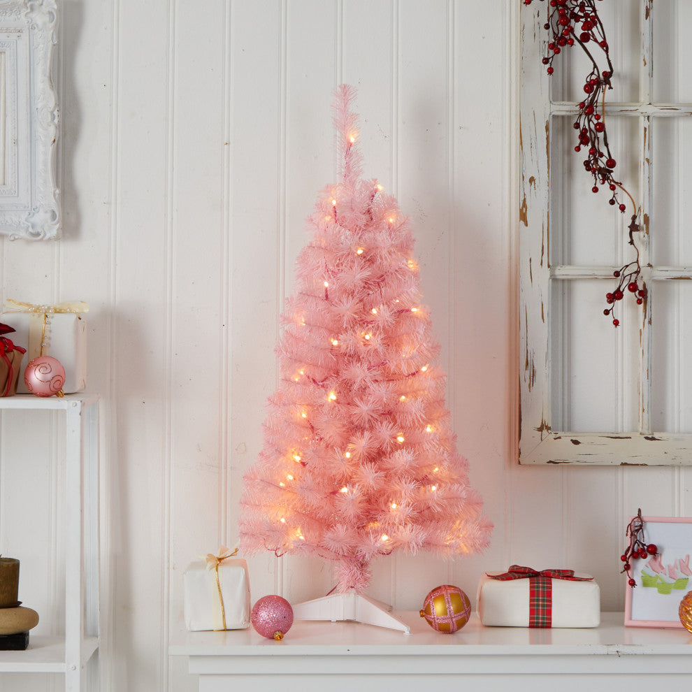 3' Pink Artificial Christmas Tree With 50 LED Lights and 118 Bendable Branches