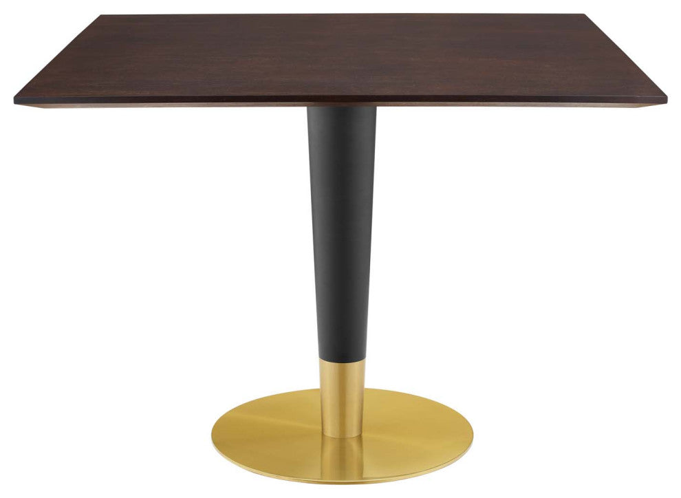 Dining Table, Square, Wood, Metal, Gold Dark Brown Brown Walnut, Modern, Bistro