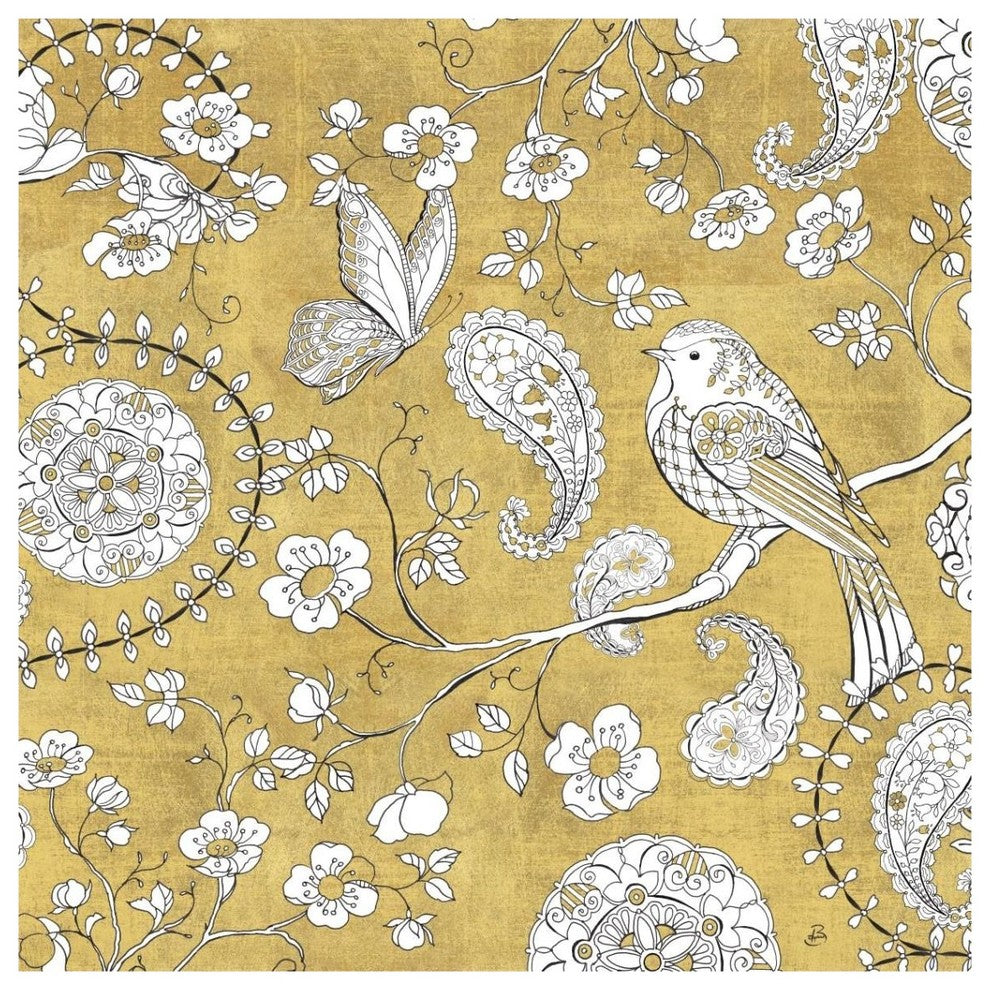 "Color my World Bird Paisley I Gold" Paper Print by Daphne Brissonnet, 38"x38"
