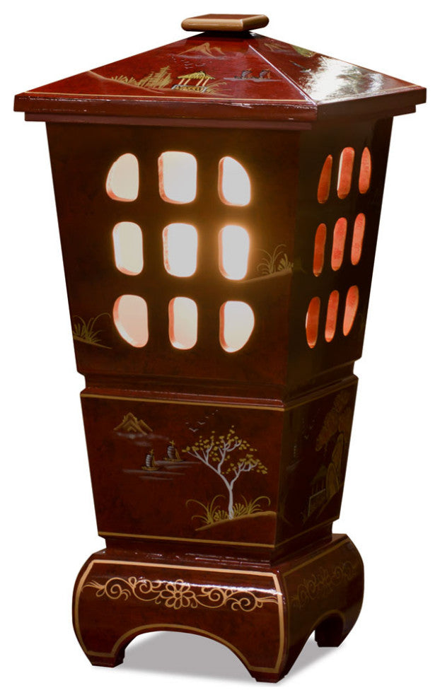 Red Lacquer Chinoiserie Scenery Oriental Pagoda Lantern