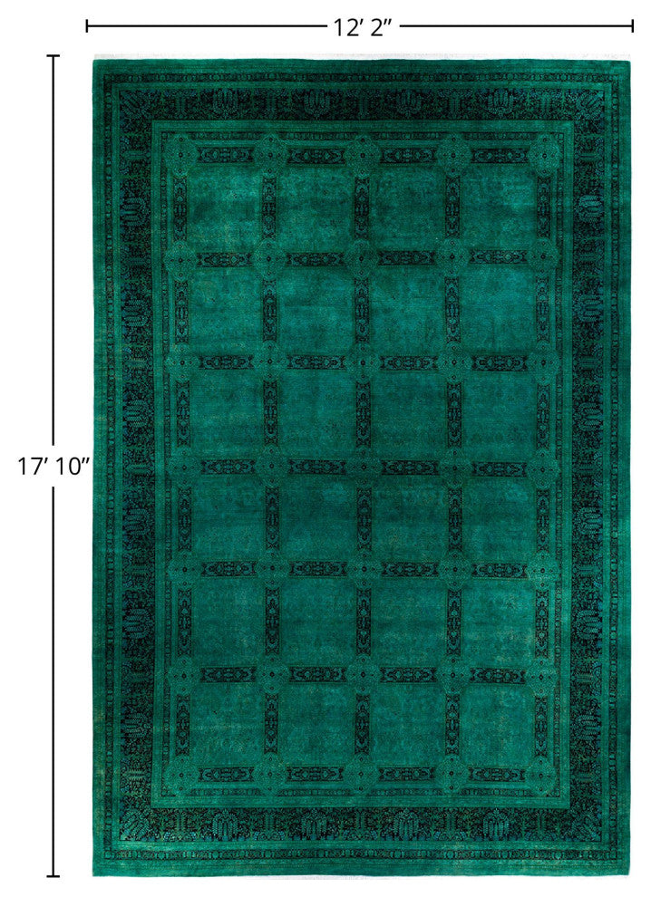 Overdyed, One-of-a-Kind Hand-Knotted Area Rug Green, 12'2"x17'10"