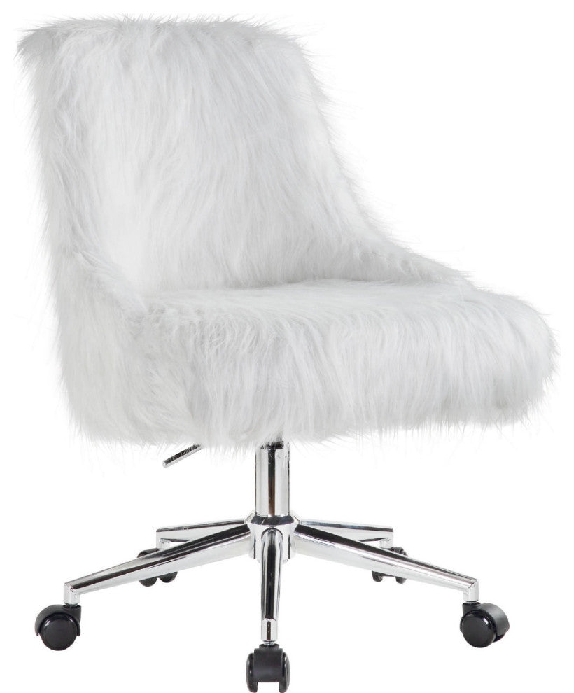 Benzara BM269063 Swivel Office Chair With Faux Fur Fabric, White and Chrome