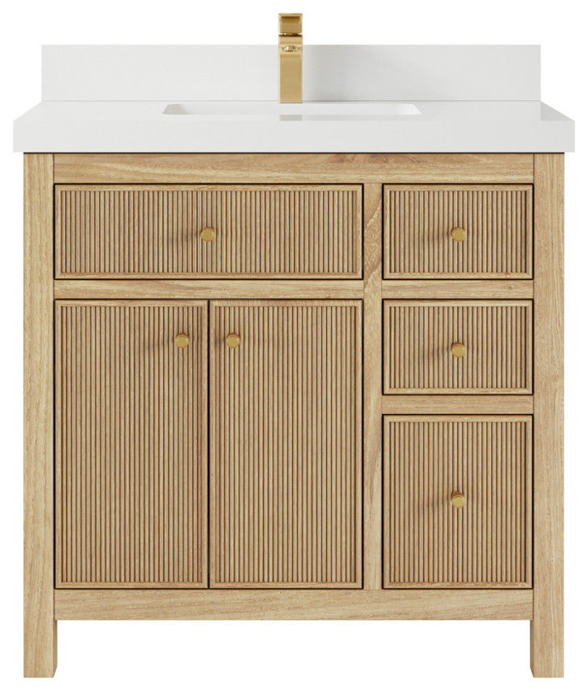 Sonoma 36 Center Sink Bath Vanity in Light Natural Teak with 2" White Quartz
