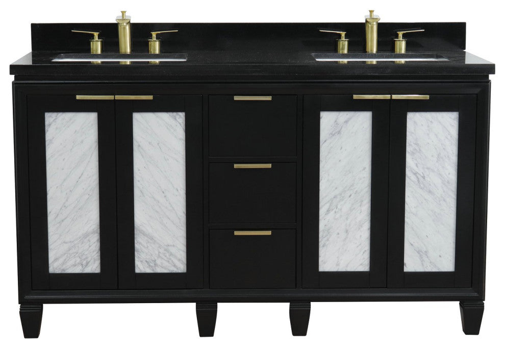 61" Double Sink Vanity, Black Finish With Black Galaxy Granite
