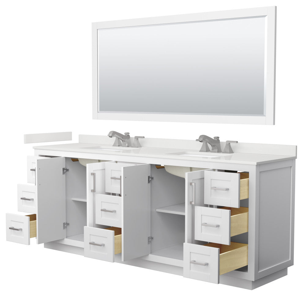 Miranda 84" Double Vanity, Quartz Top, 3-Hole, Nickel Trim, 70" Mirror