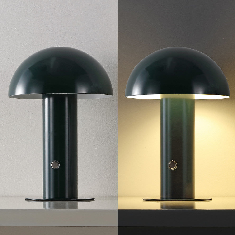 Boletus 10.75" Rechargeable/Cordless Iron LED Mushroom Table Lamp, Forest Green