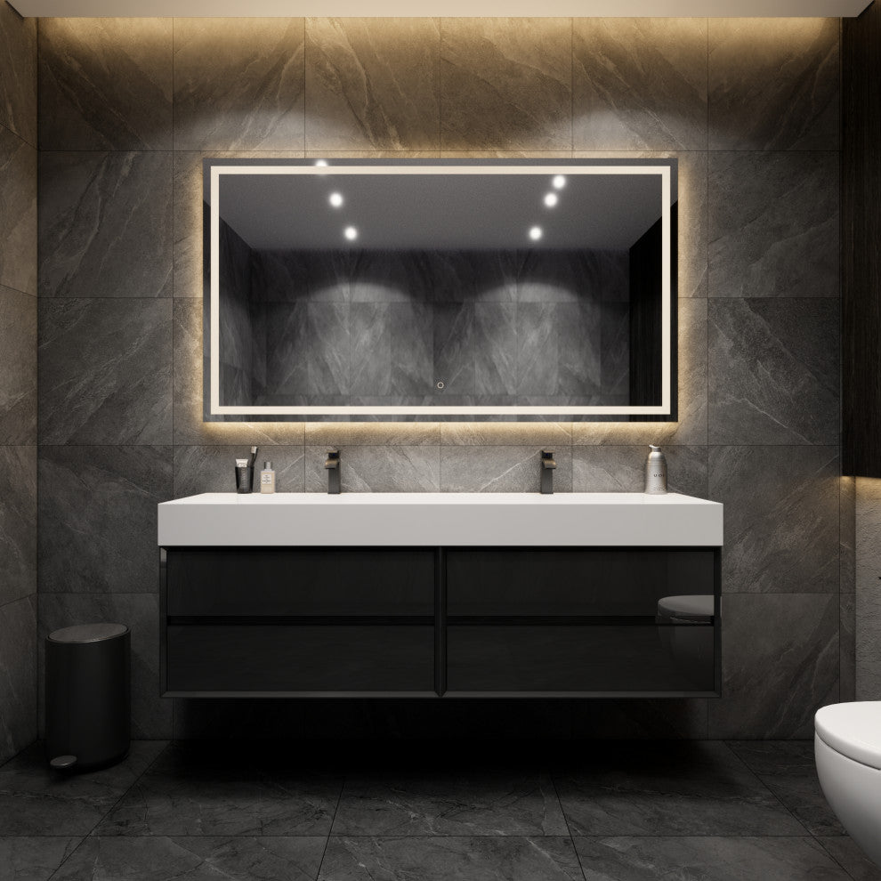 MAX 72" Double Floating Bath Vanity With Acrylic Sink, Gloss Black