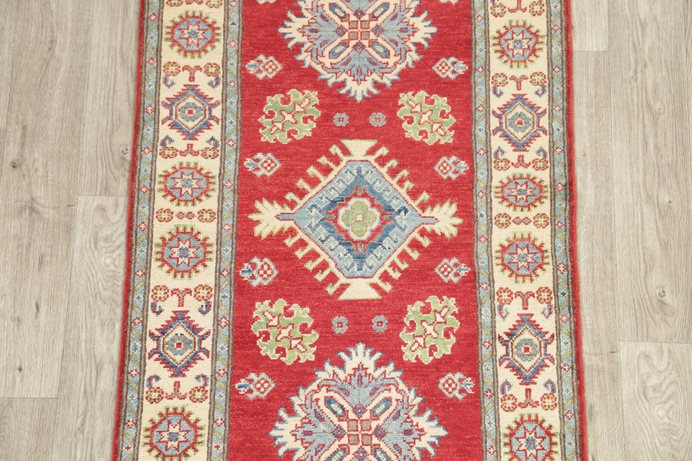 Pakistani Kazak Oriental Traditional Wool Hand Made Runner Rug, Red, 7'11"X2'9"