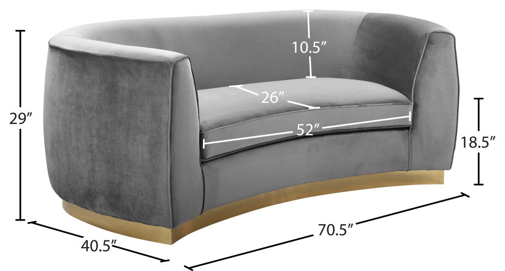 Julian Velvet Upholstered Loveseat, Gray, Gold Base