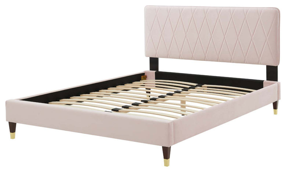 Platform Bed Frame, Full Size, Velvet, Pink, Modern Contemporary, Bedroom Master