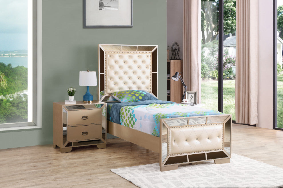 Galera Tufted and Mirrored Bed, Pearl, Twin