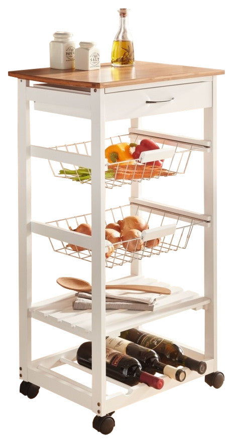 2 Tone Kitchen Rolling Cart w/Utensil Drawer, 2 Baskets, 2 Shelves, Wine Rack