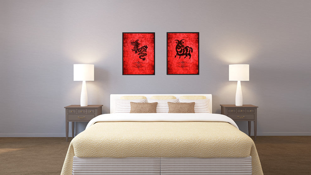 Ram Chinese Zodiac Red Print on Canvas with Picture Frame, 28"x37"