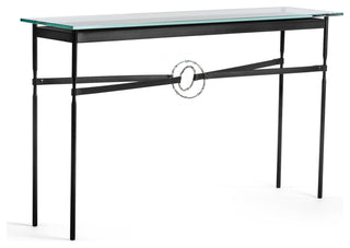Equus Console Table, Black Finish - Sterling Accents - Black Leather Strap