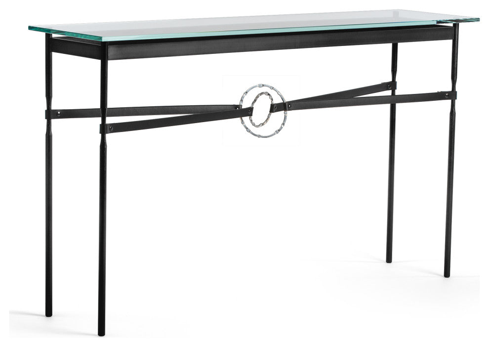 Equus Console Table, Black Finish - Sterling Accents - Black Leather Strap