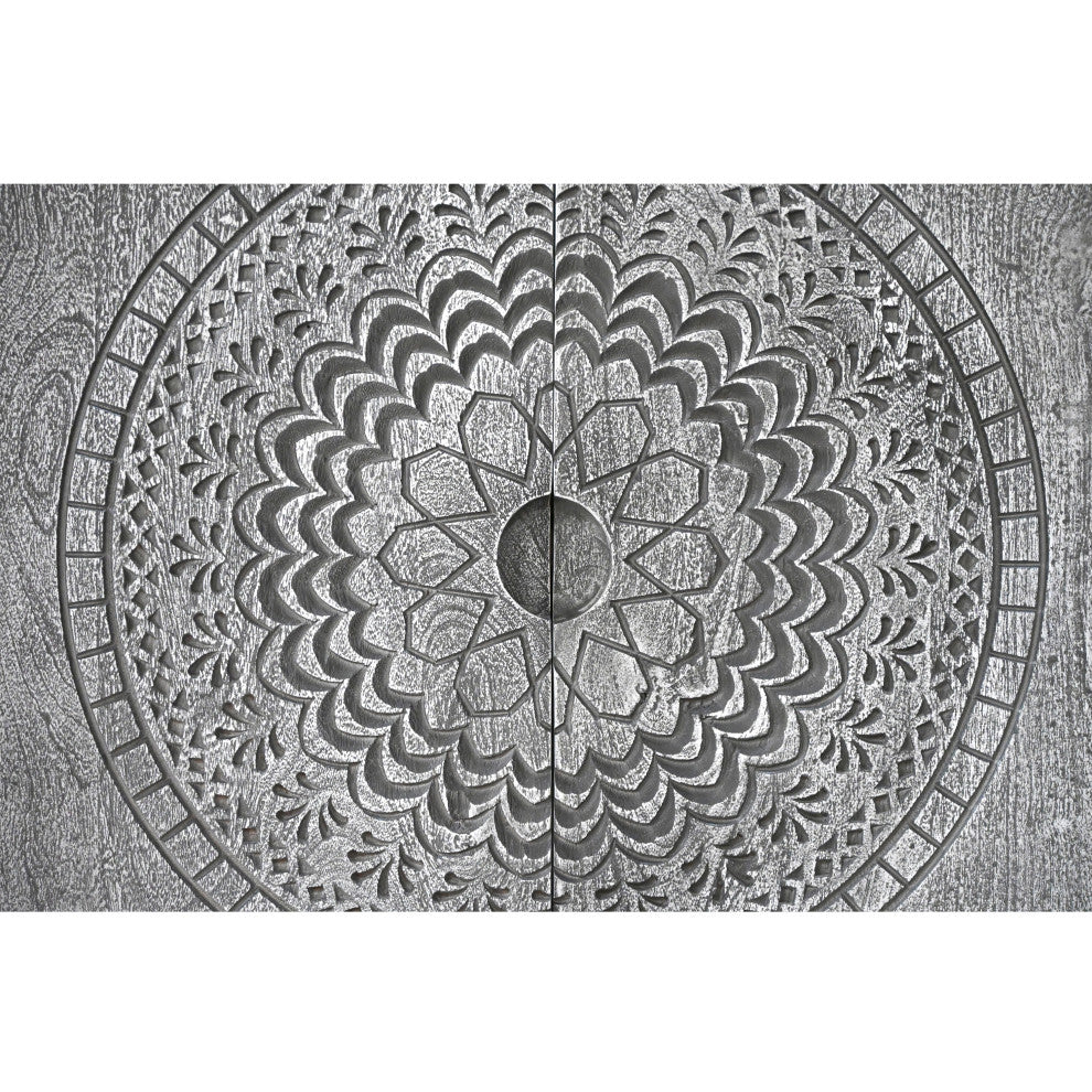 Zera 39" Accent Cabinet 2 Doors Medallion Carving Gray Mango Wood Black Iron