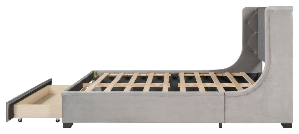 Queen Upholstered Platform Bed with Wingback Headboard and Drawer, Gray