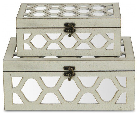 Set of White Quatrefoil Mirror Jewelry Storage Boxes