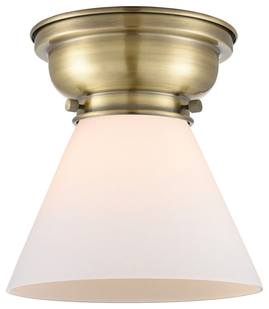 Large Cone 1-Light Flush Mount, Antique Brass, Matte White