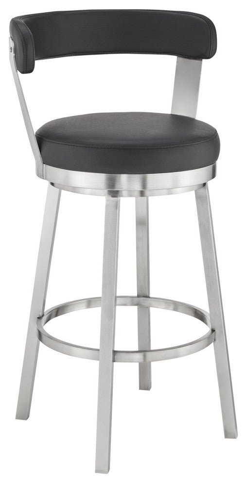 30" Chic Black Faux Leather With Stainless Steel Finish Swivel Bar Stool