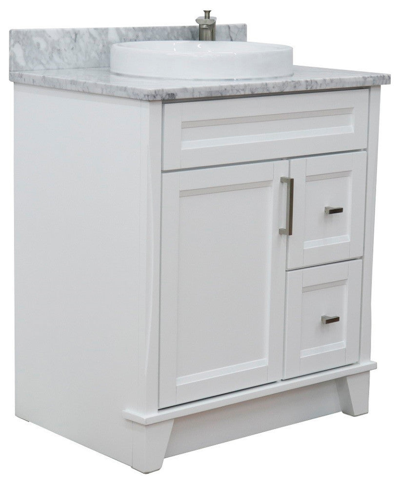 31" Single Sink Vanity, White Finish With White Carrara Marble With Round Sink