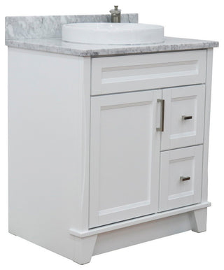31" Single Sink Vanity, White Finish With White Carrara Marble With Round Sink