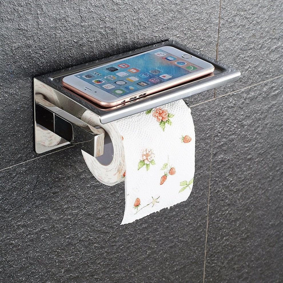 Wall Mount Toilet Paper Holder With Mobile Phone Storage Shelf, Brushed Aluminum
