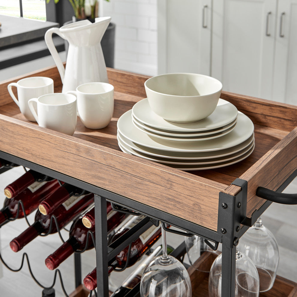 Rustic Walnut Veneer Rolling Farmhouse Wine Bar Cart With Bottle and Glass Rack