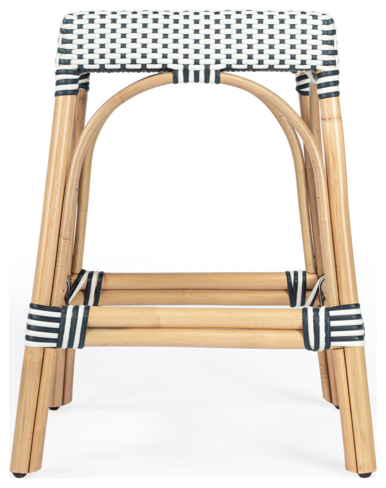 Robias Rectangular Rattan 24.5" Counter Stool, Navy and White