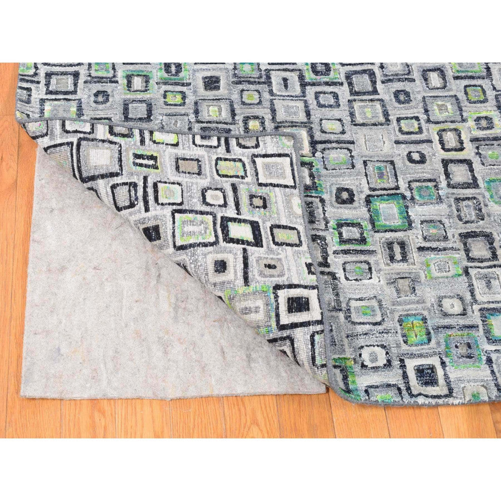 Gray, Silk With Wool, Psefas Square Design Hand Knotted Rug, 9'0"x12'3"