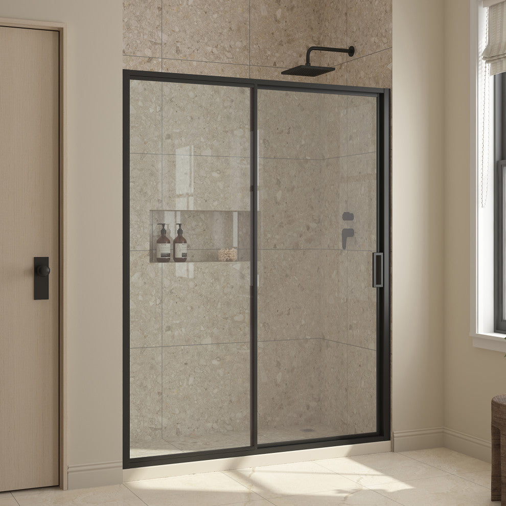 Stanford Sliding Fluted Alcove Shower Door, Black, Clear Glass, 60"