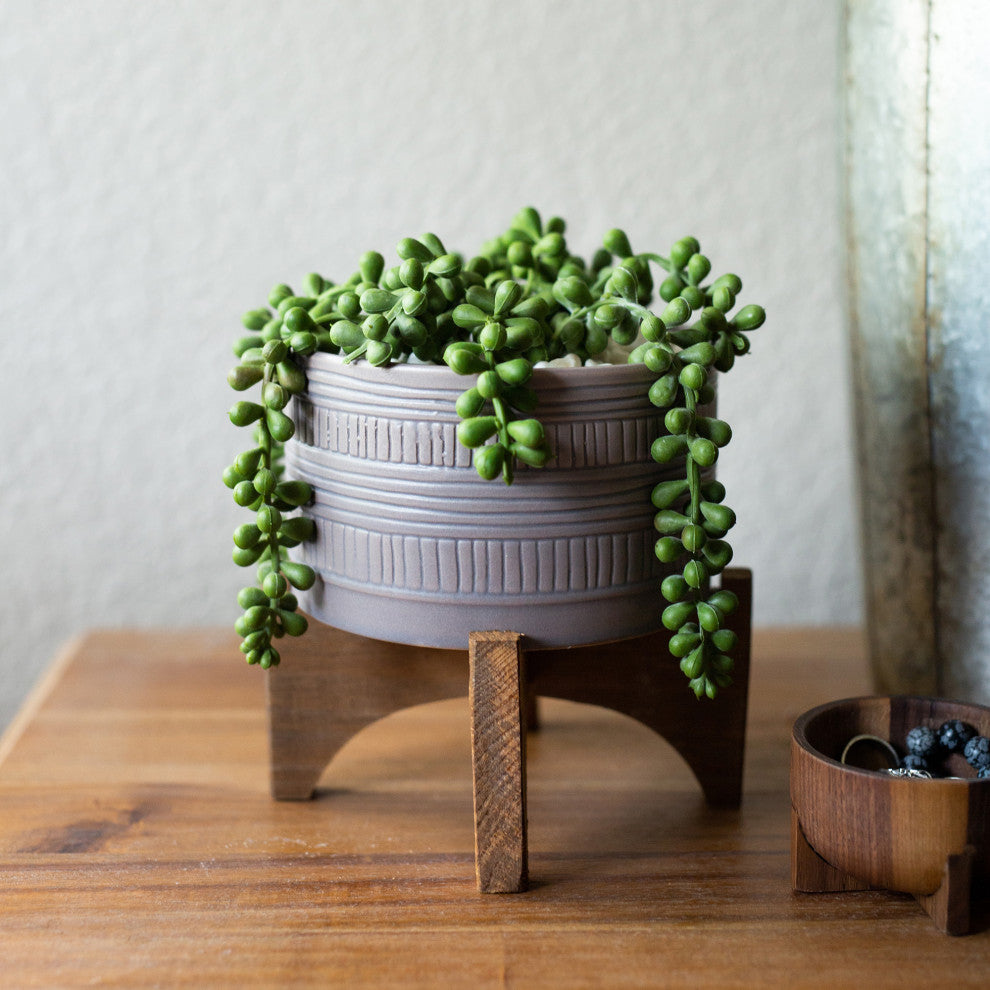5"  Pueblo Pot W Wood Stand,Matt Grey