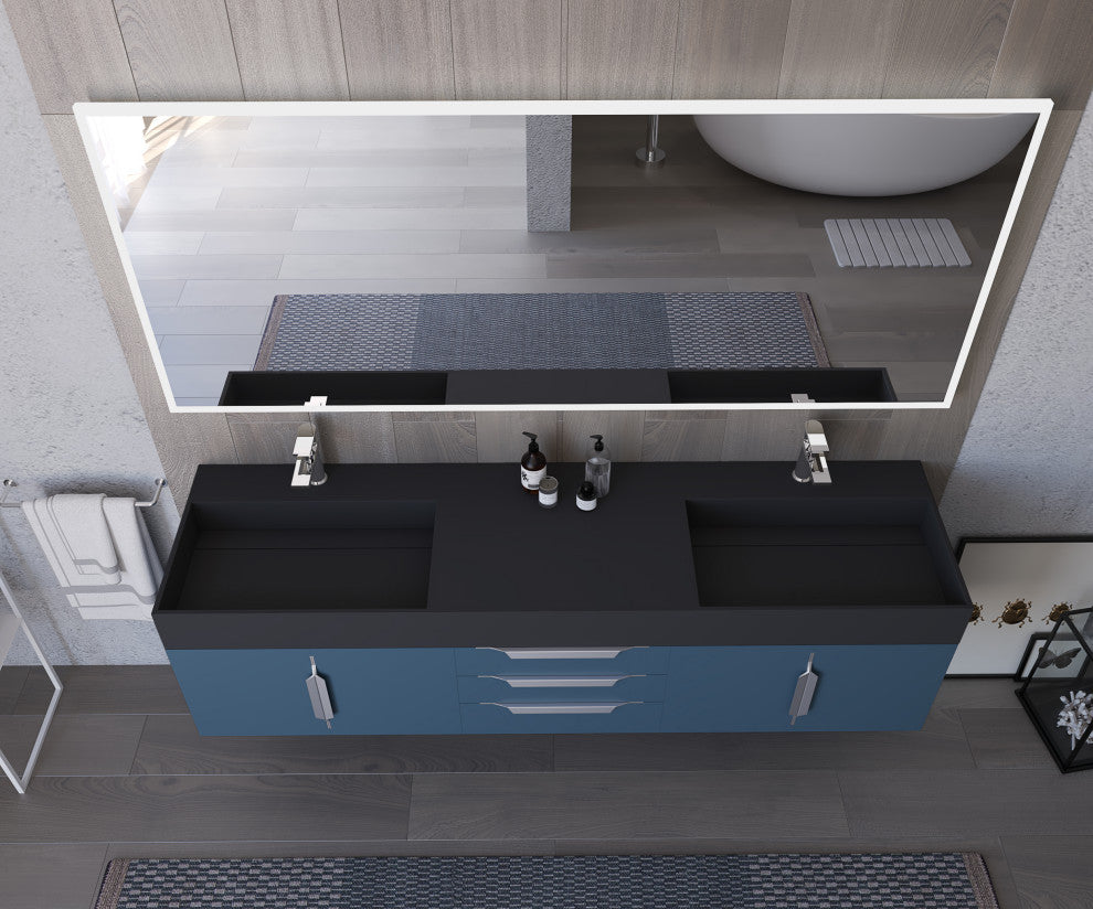 CastelloUSA Amazon 72" Wall Mounted Vanity Set, Blue, Black Top, Chrome Handles