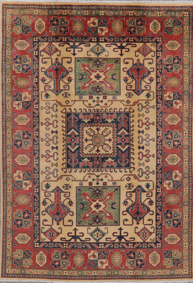 Kazak Oriental Traditional Area Rug Handmade Pakistani, Beige, 8'10"x6'0