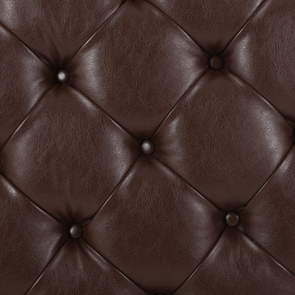 Baynes Faux Leather Tufted Wood Round Ottoman, Open Shelf, Dark Brown + Espresso