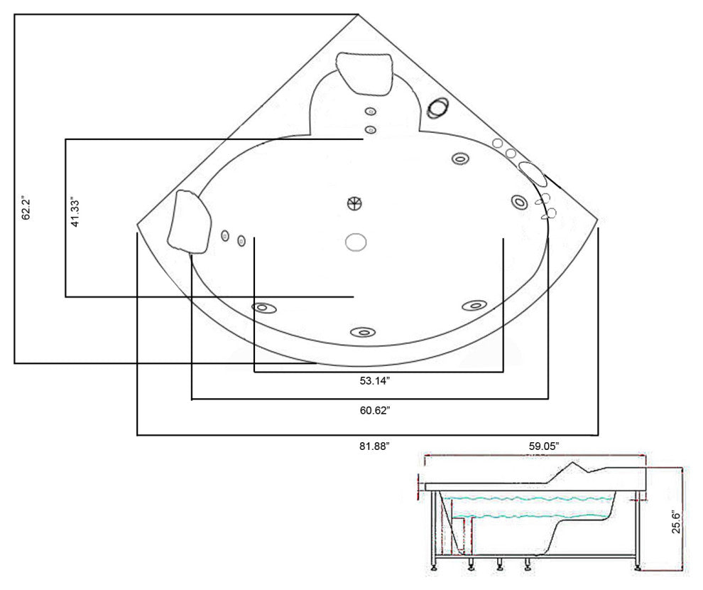 Whirlpool Corner Bathtub 59.05" x 59.05" with Heater - Ginevra