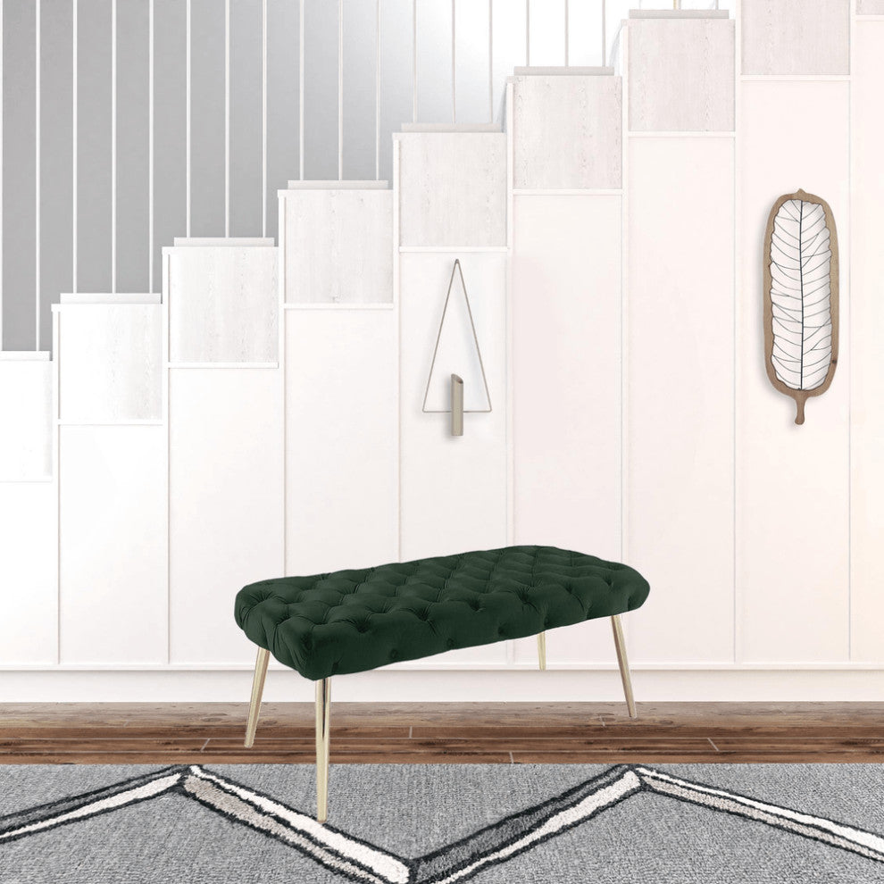 48" Hunter Green And Gold Upholstered Velvet Bench