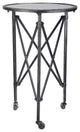 27 Inch Side Table, Round Metal Body, Glass Tabletop, 3 Wheels, Silver