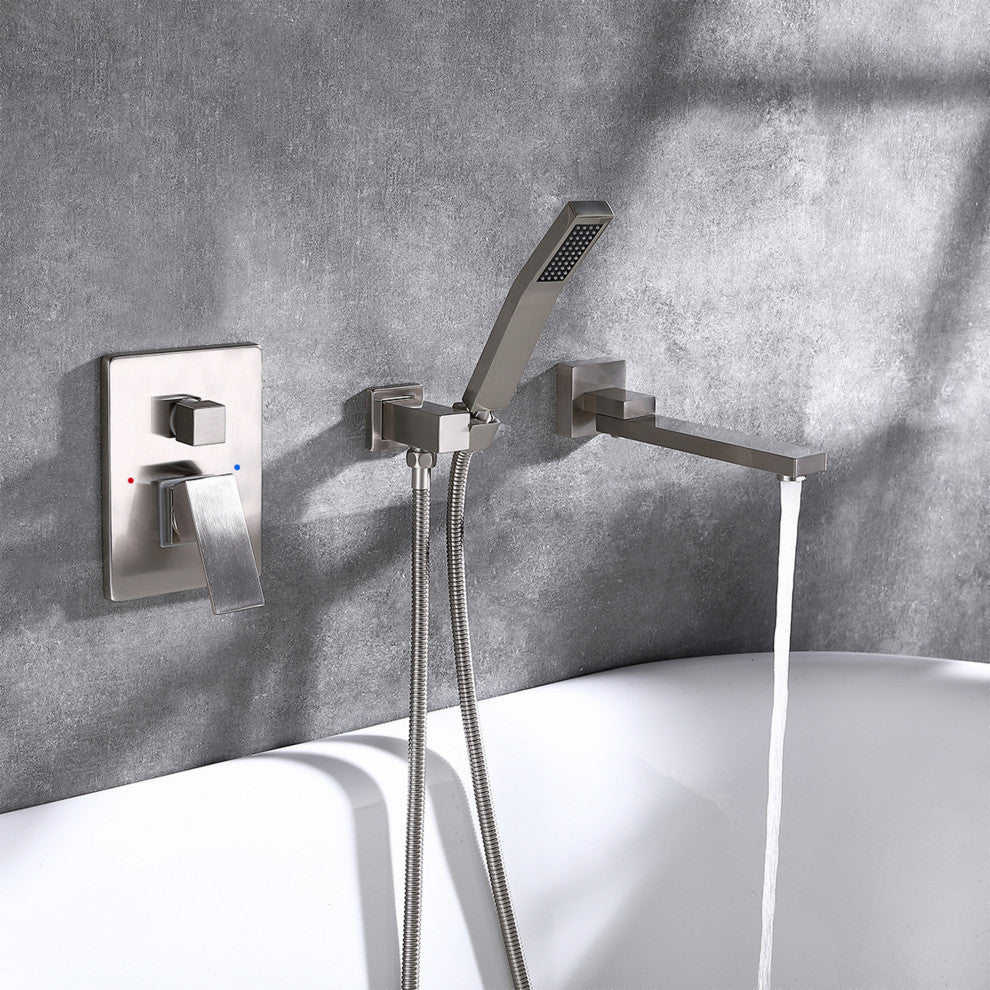 Wall Mounted Double Handle Roman Tub Faucet with Hand Shower, Brushed Nickel