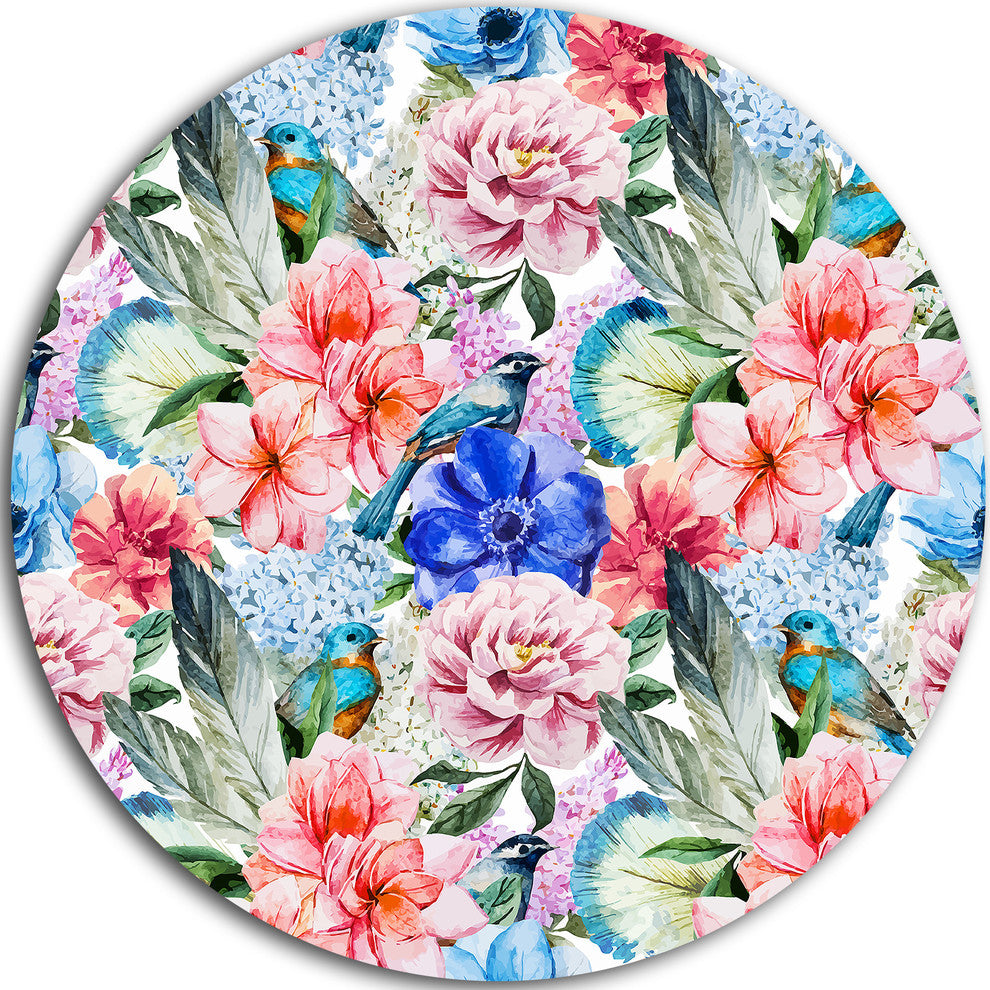 Colorful Flowers And Birds Watercolor, Flower Disc Metal Artwork, 11"