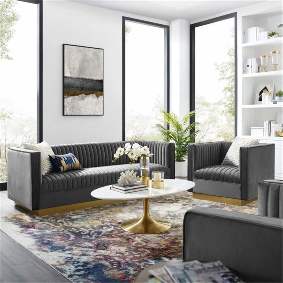 Tufted Upholstered Performance Velvet Sofa and Armchair Set - Gray