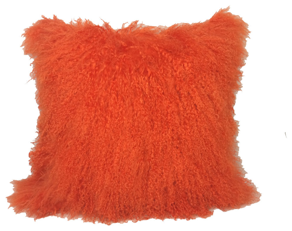 20" Orange Genuine Tibetan Lamb Fur Pillow With Microsuede Backing